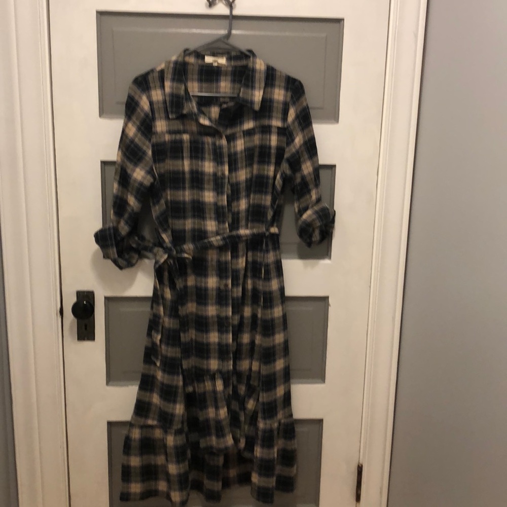 Plaid ruffled shirt dress